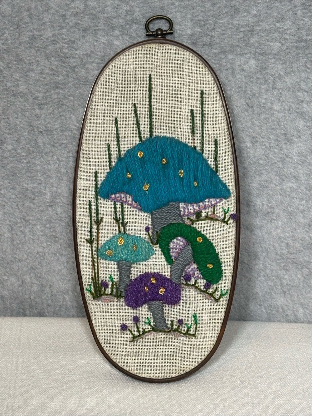 Vintage Framed Embroidered Needlework Mushrooms Handmade Oval Hoop